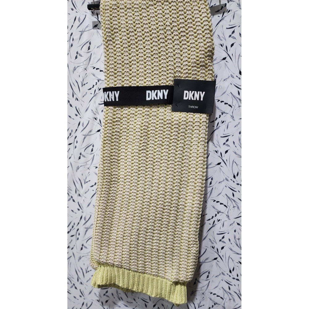 DKNY Chunky Knit Throw‎ Blanket Cream Lime Green Ribbed Decorative Bed Sofa New